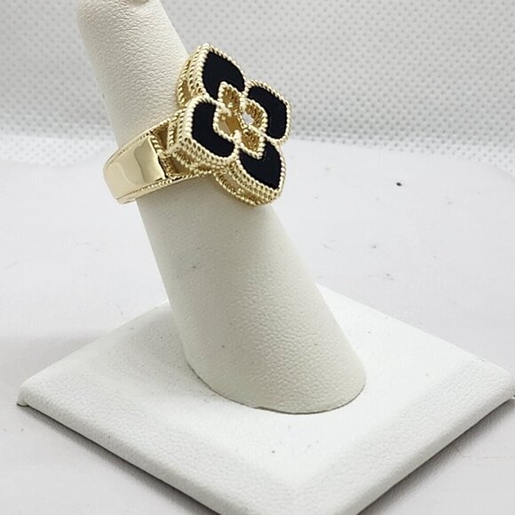 18k Gold Plated Black Onyx Gemstone Adjustable Clover Ring  Brand New Black Clover Brass Ring